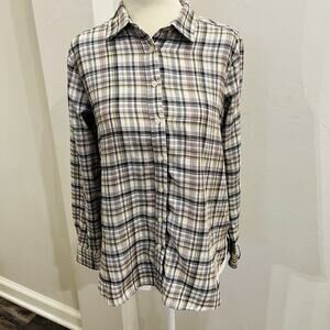 LOFT Women’s XS Cream Olive Green Plaid Flannel Pocket Tunic Shirt